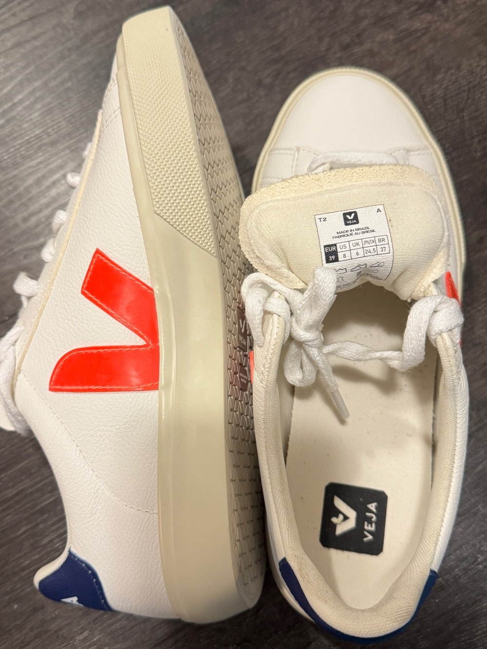 Veja Women's White Leather Sneakers with Red V and Blue Heel Tab